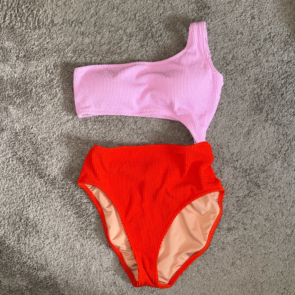 J. Crew swimsuit 10 one piece color block pink orange cutout shoulder beach